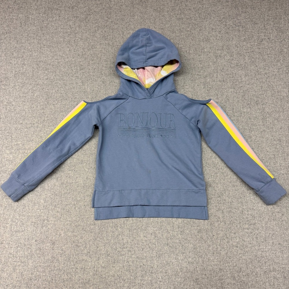 Epic Threads Bonjour Cold Shoulder Hoodie Size M Blue Rainbow Stripe Graphic